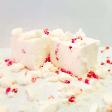 Load image into Gallery viewer, The softest, fluffiest, melt in the mouth handcrafted Strawberry flavoured Marshmallow swirled with freeze dried Strawberries and coated with crushed Meringue.