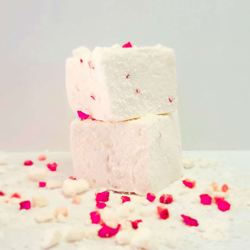 The softest, fluffiest, melt in the mouth handcrafted Strawberry flavoured Marshmallow swirled with freeze dried Strawberries and coated with crushed Meringue.