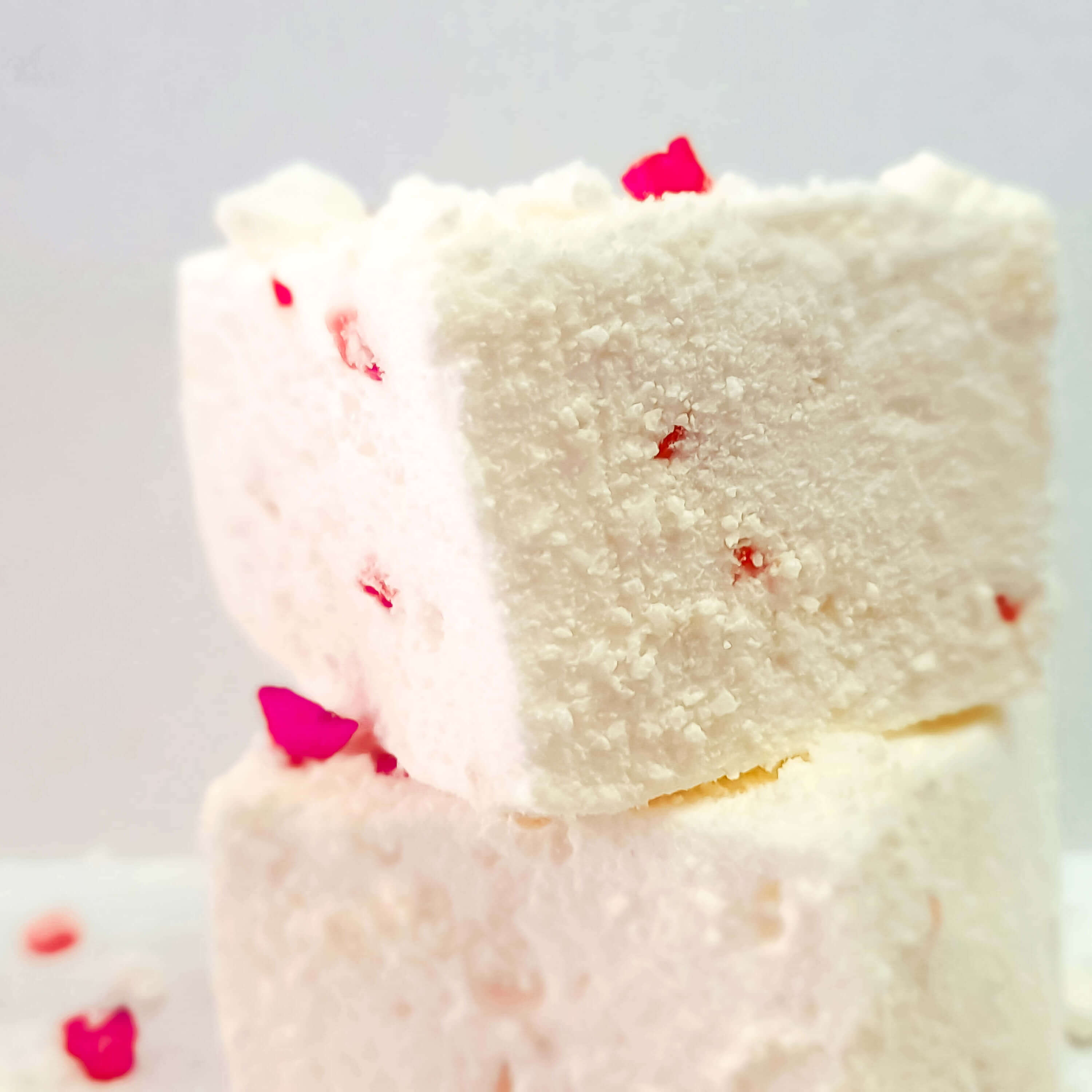The softest, fluffiest, melt in the mouth handcrafted Strawberry flavoured Marshmallow swirled with freeze dried Strawberries and coated with crushed Meringue.