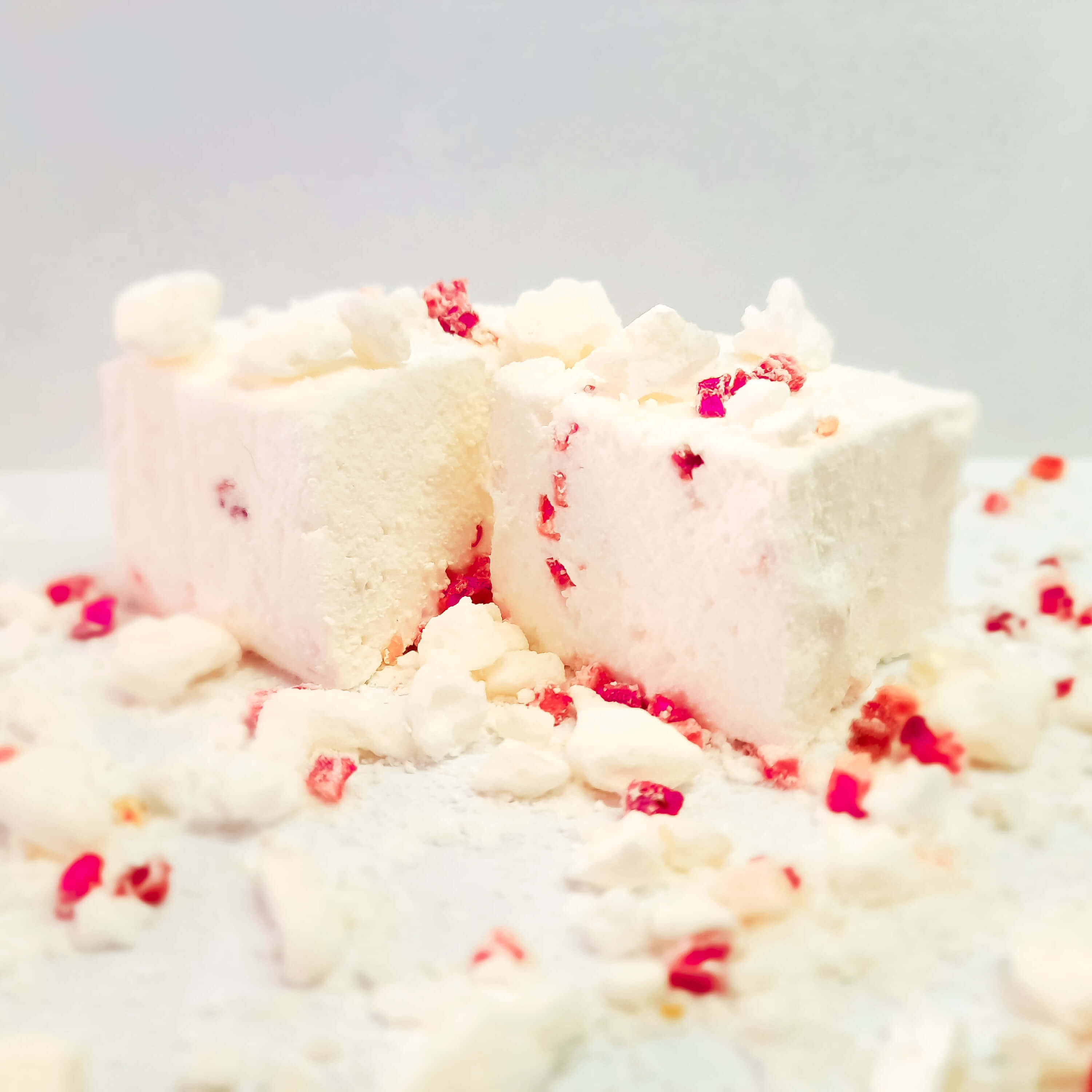 The softest, fluffiest, melt in the mouth handcrafted Strawberry flavoured Marshmallow swirled with freeze dried Strawberries and coated with crushed Meringue.